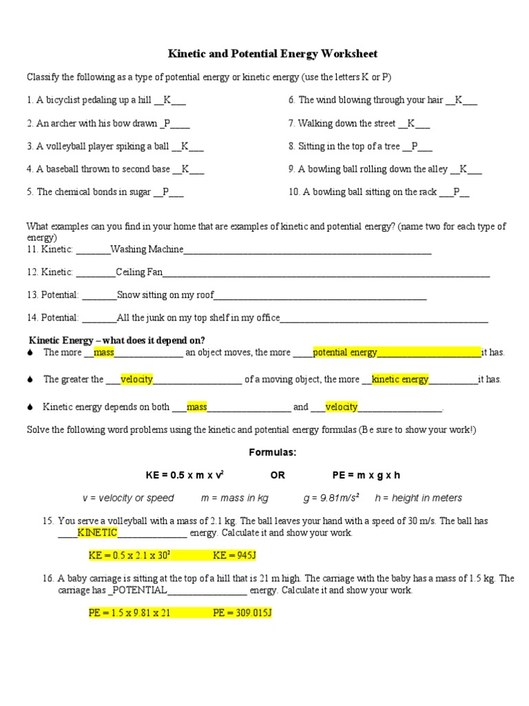potential and kinetic energy worksheet answer key