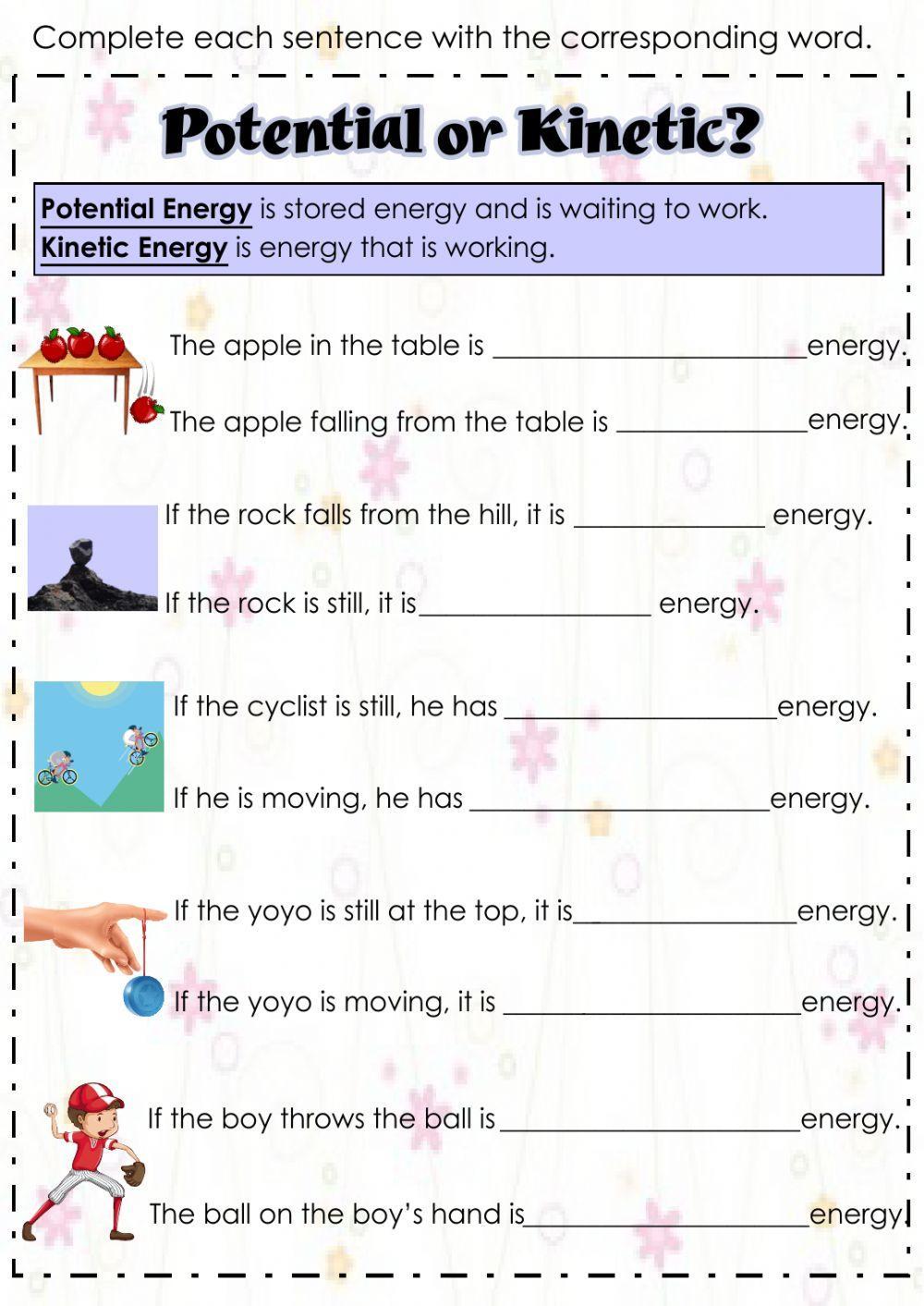 Potential and kinetic energy worksheet  