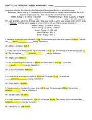 potential vs kinetic energy worksheet answers