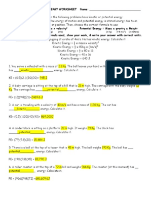 potential vs kinetic energy worksheet answers