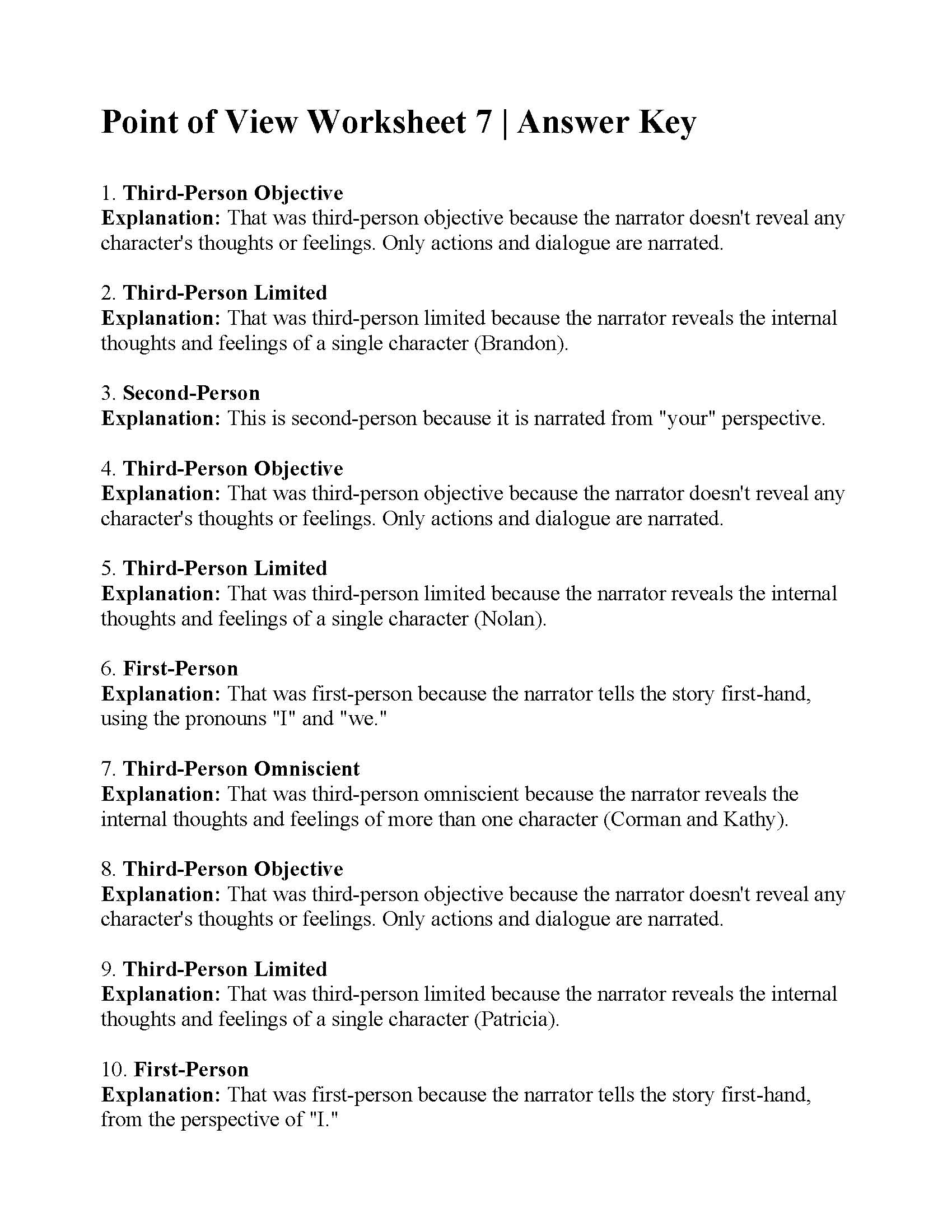 Point of View Worksheet 7 | Answers