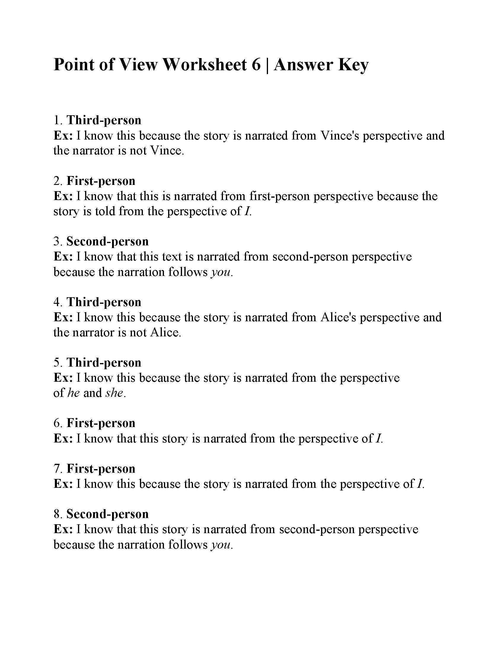 Point of View Worksheet 6 | Answers