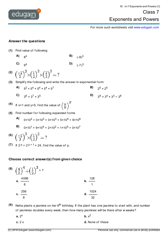 power and exponents worksheet