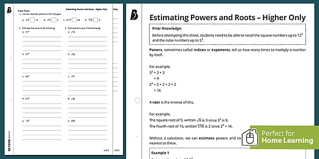 ? Estimating Powers and Roots Worksheet - Home Learning