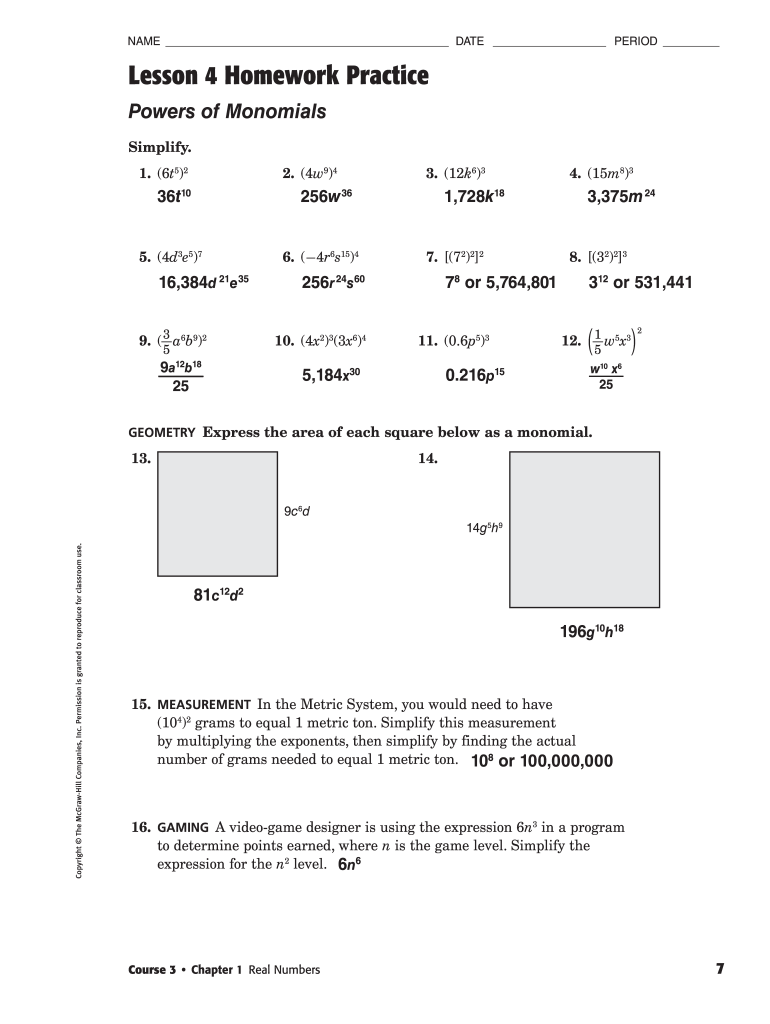 power of monomials worksheet