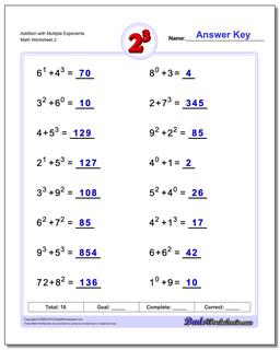 Exponents Worksheets: Addition with Exponents