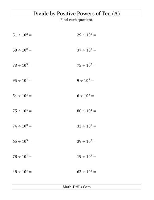 Dividing Whole Numbers by Positive Powers of Ten (Exponent Form) (A)