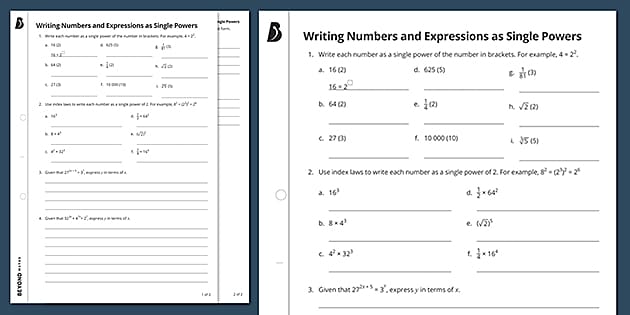 ? Writing Numbers and Expressions as Single Powers Worksheet