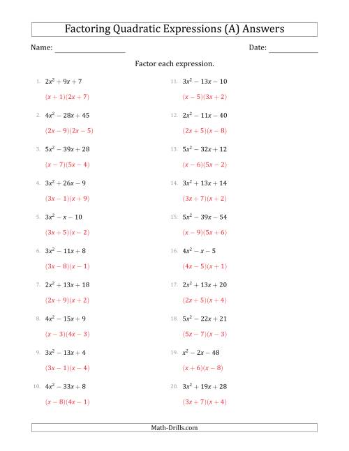 practice 5 4 factoring quadratic expressions worksheet answers
