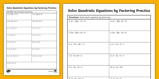 Algebra I Solve Quadratic Equations by Factoring Practice