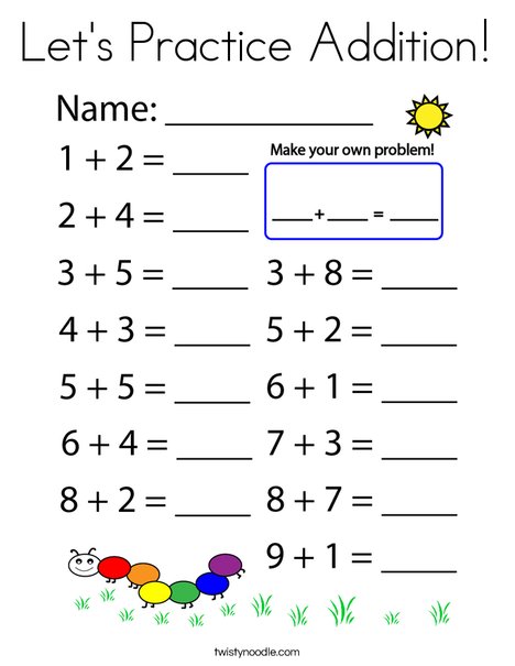 Lets Practice Addition Coloring Page - Twisty Noodle