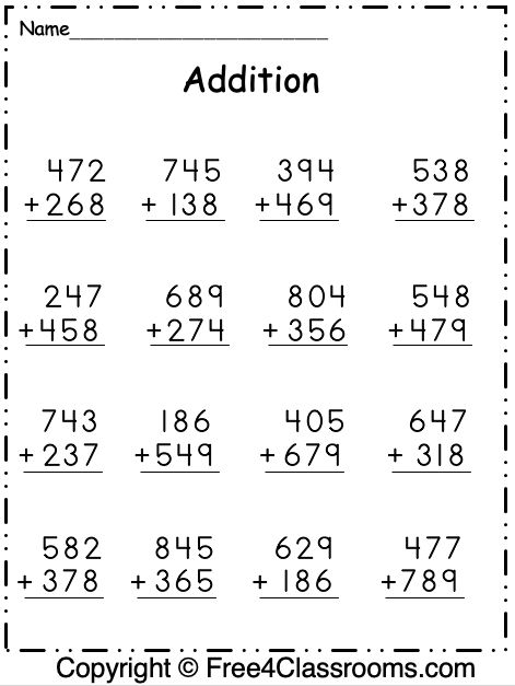 Free Addition Practice Worksheets - 3 Digit - With Regrouping ...