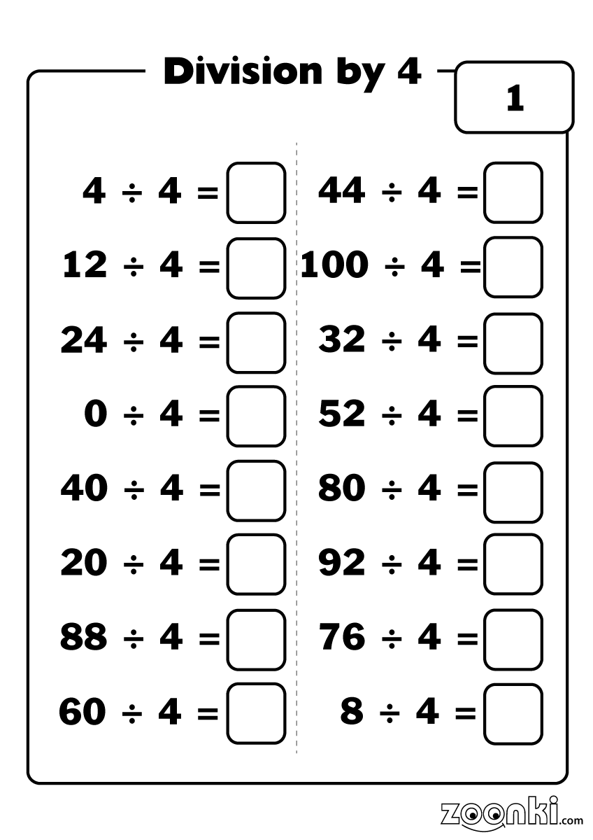 Division worksheets - dividing by 4 - zoonki.com