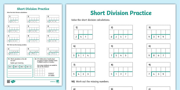 Short Division Practice Worksheet - Classroom Resource