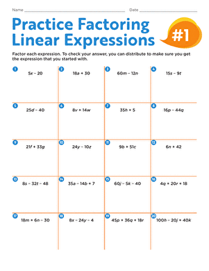 Practice Factoring Linear Expressions #1 | Worksheet 