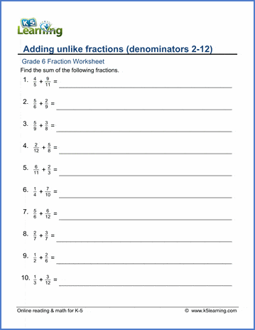 Grade 6 Math Worksheets: Adding unlike fractions (denominators 2 ...