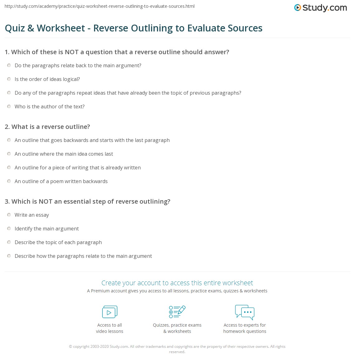 Quiz &  Worksheet - Reverse Outlining to Evaluate Sources | Study.com
