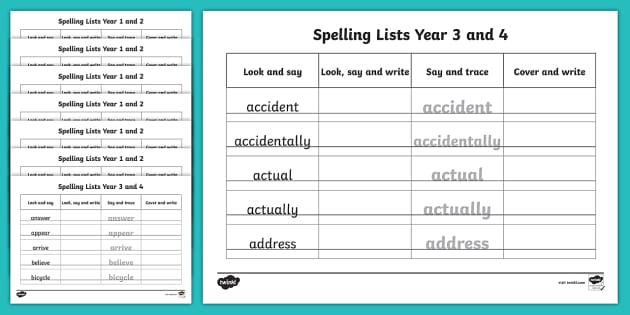 Year 3 and 4 Spelling List Word Writing Practice Sheets Resource ...