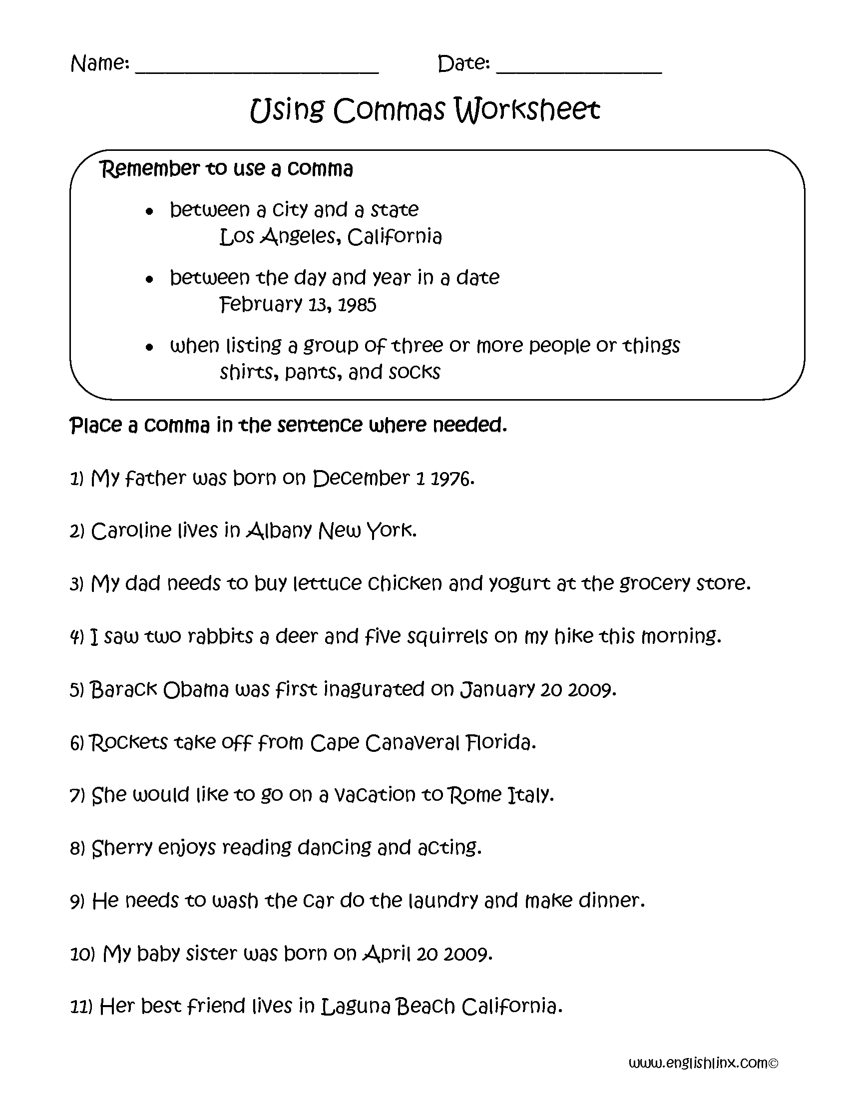 practice with commas worksheet answers