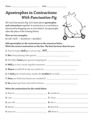 Apostrophes in Contractions With Punctuation Pig | Worksheet ...
