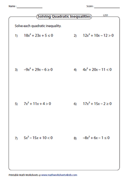 practice worksheet quadratic inequalities
