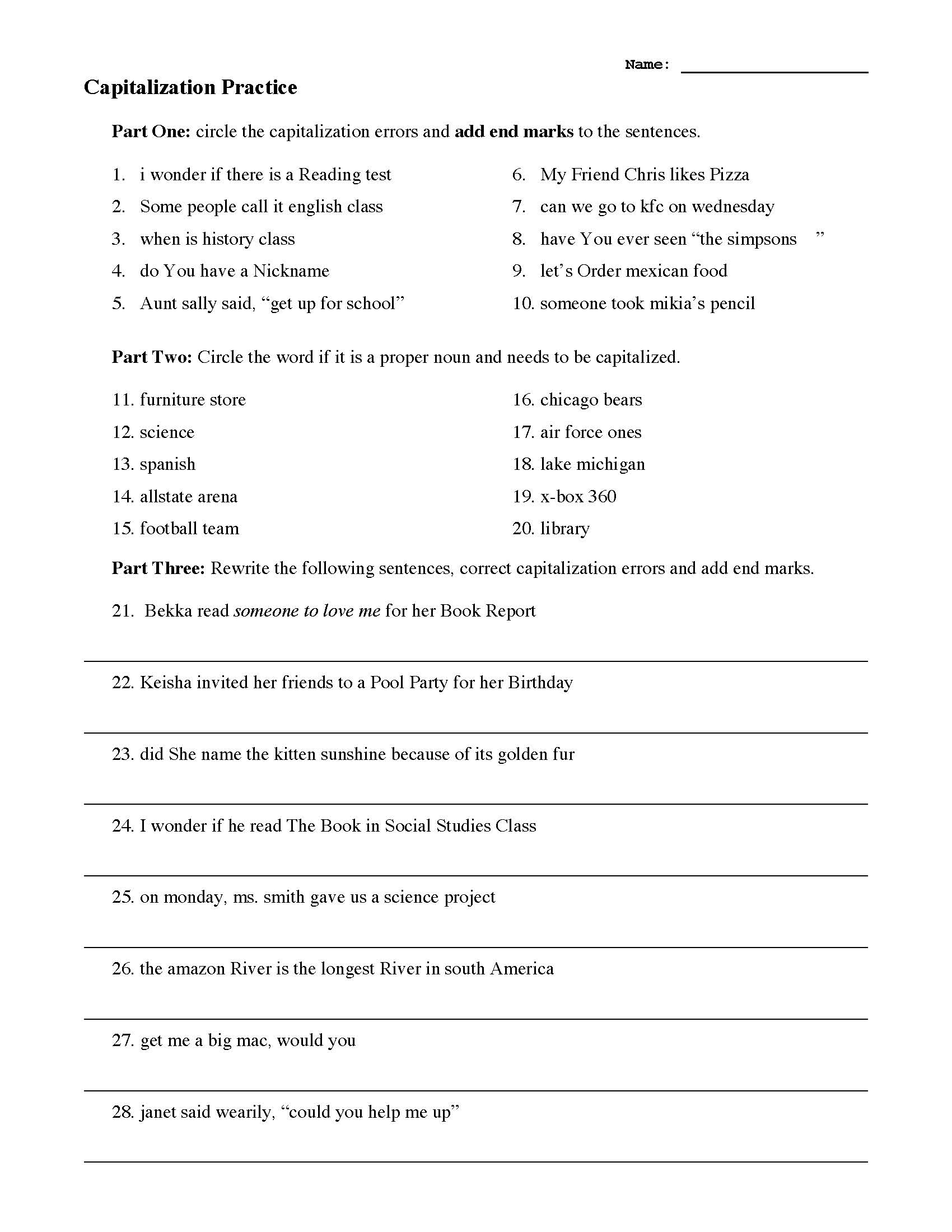 Capitalization Practice Worksheet | Grammar Activity