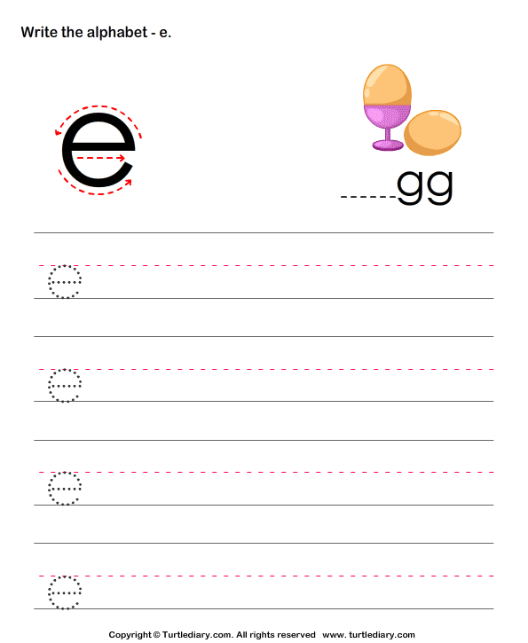 Lowercase Alphabet Writing Practice E | Turtle Diary Worksheet