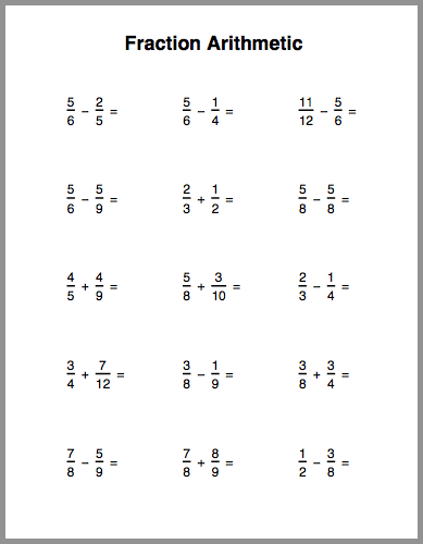 Fraction arithmetic practice sheet - All this
