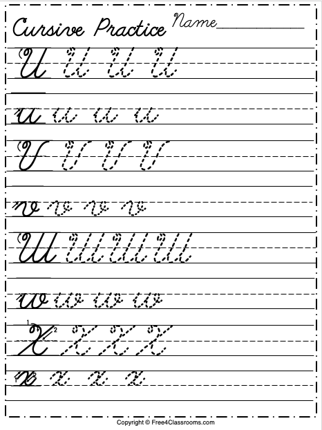 Free Cursive Alphabet Worksheet - Letters U to X - Free Worksheets ...