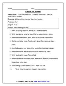 Clauses and Phrases Worksheet for 3rd - 6th Grade | Lesson Planet