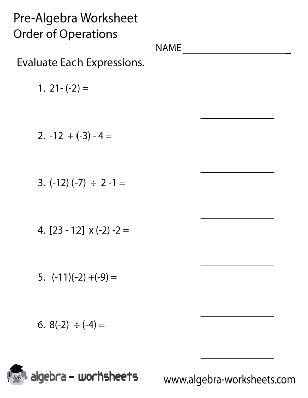 Order Operations Pre-Algebra Worksheet Printable