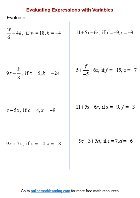 Evaluating Expressions with Variables Worksheet (printable, online ...