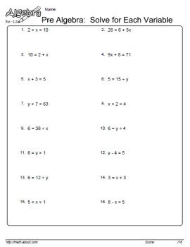 Pre Algebra Worksheets on Isolating Variable