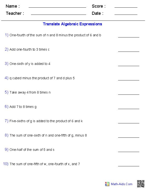 Pre-Algebra Worksheets | Algebraic Expressions Worksheets ...