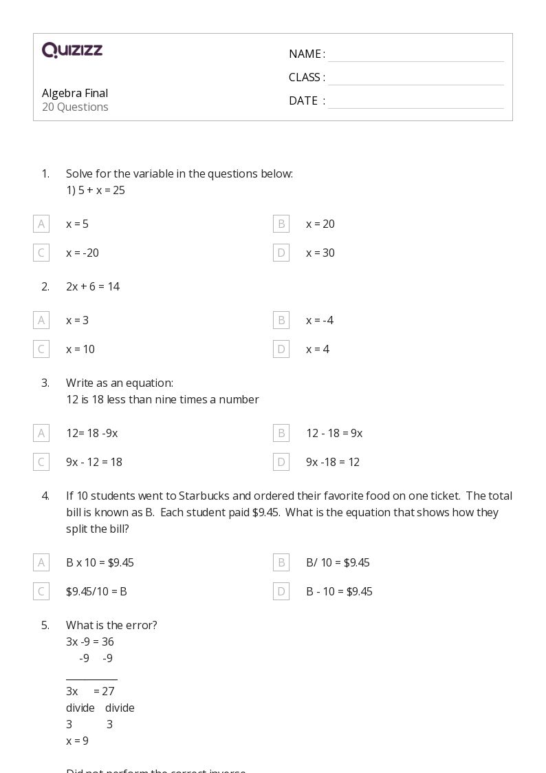 50+ algebra worksheets for 10th Grade on Quizizz | Free &  Printable