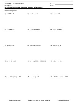 Worksheet: Solving One-Step Equations with Decimals | Pre-Algebra ...