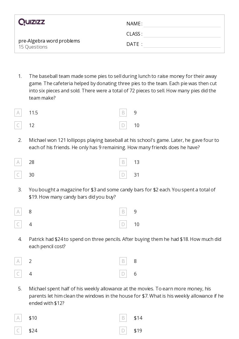 pre algebra word problem worksheet
