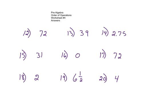 Pre Algebra Order of Operations Worksheet #4 Answers