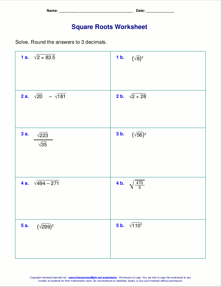 Free square root worksheets (PDF and html)