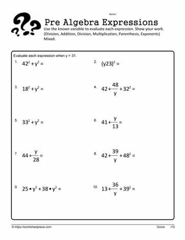 pre algebra worksheet with answers