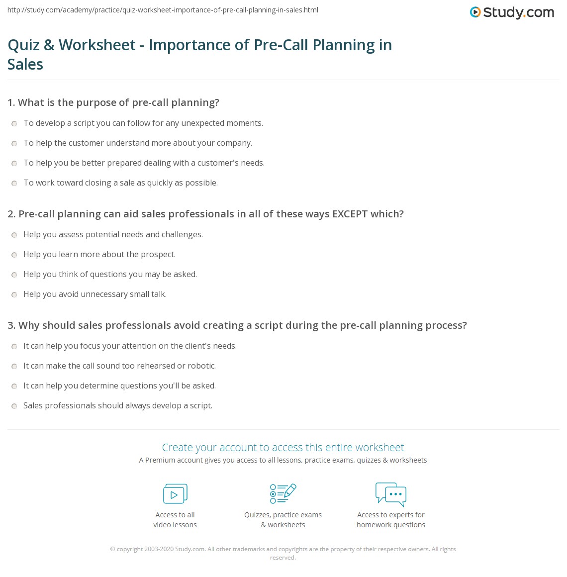 Quiz &  Worksheet - Importance of Pre-Call Planning in Sales ...