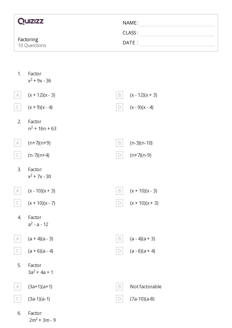 50+ factoring worksheets for 11th Class on Quizizz | Free &  Printable