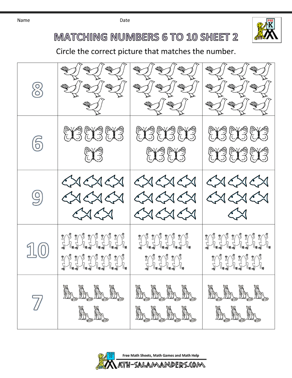 Pre k Math Worksheets - Matching 6 to 10