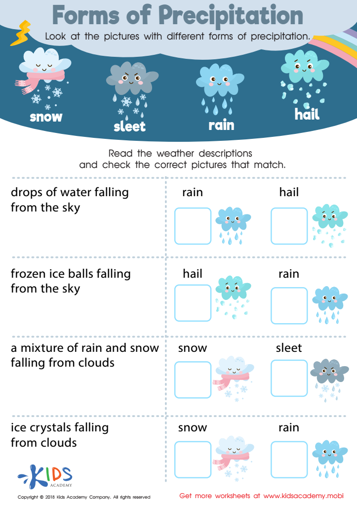 Forms of Precipitation Worksheet: Free Printable PDF for Children