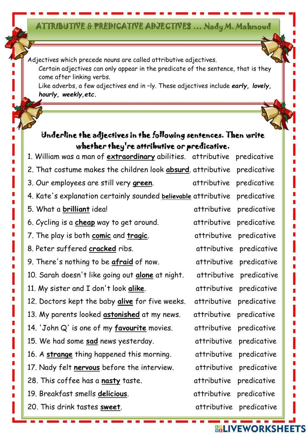 Predicative VS attributive adjectives worksheet  