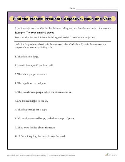 Find the Pieces: Predicate Adjective, Noun, and Verb | Printable ...