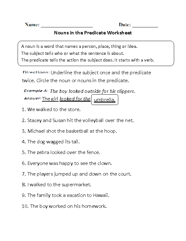 Regular Nouns Worksheets | Nouns in the Predicate Worksheet
