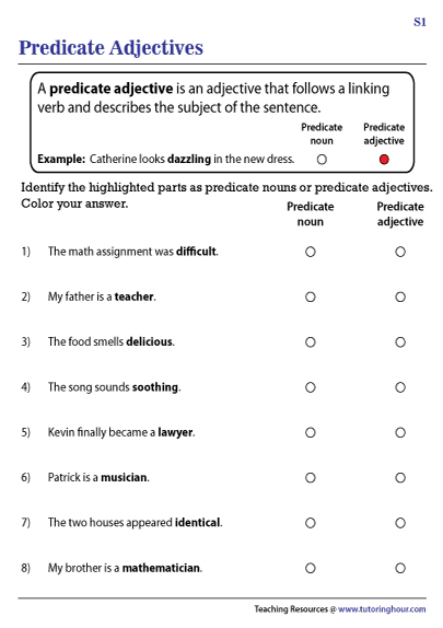 Predicate Adjectives Worksheets