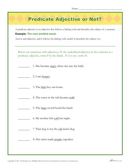 Predicate Adjective or Not? | Printable Parts of Speech Activity