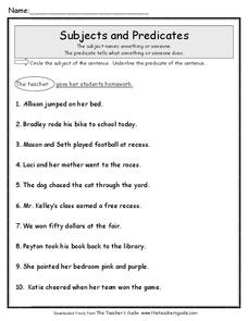Subjects and Predicates Worksheet for 3rd - 5th Grade | Lesson Planet